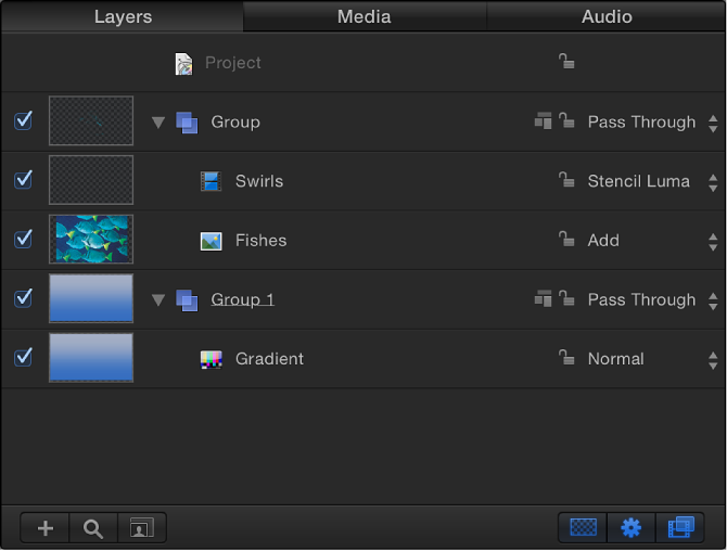 Layers list showing a group set to Pass Through blend mode
