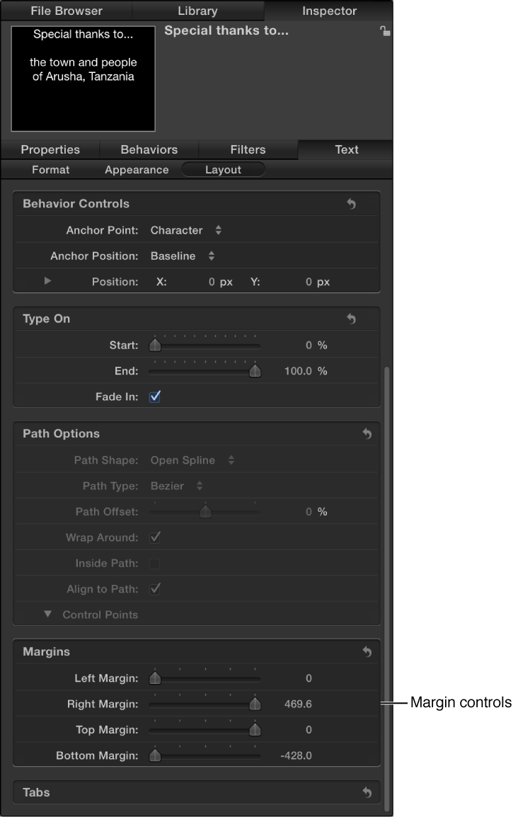Layout pane of the Text Inspector showing margin controls