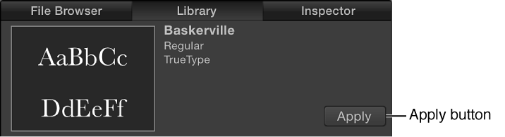 Library preview area showing Apply button for a selected font