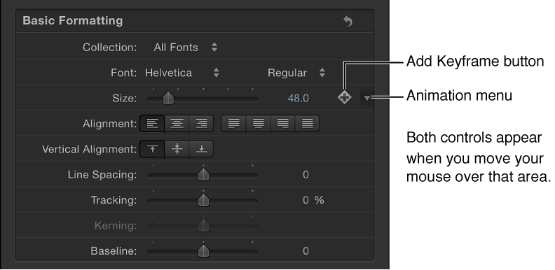 Animation menu icon for Text Size parameter, in the Inspector