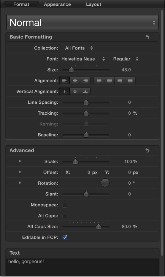 Format pane of Text Inspector