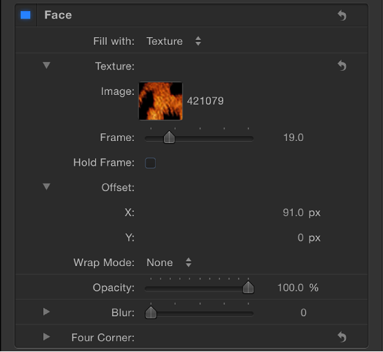 Text Inspector showing Texture editing controls, including start Frame, Hold Frame, Offset, and Wrap Mode