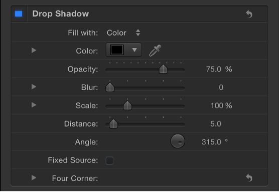 Drop Shadow controls in Style pane of Text Inspector