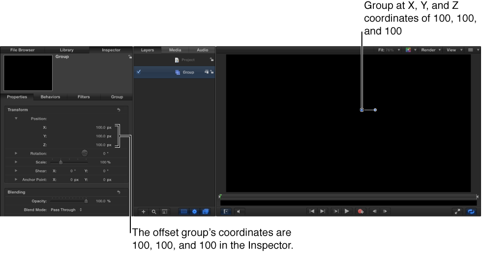 Canvas and Inspector showing group placed at coordinates: X=100, Y=100, Z=100