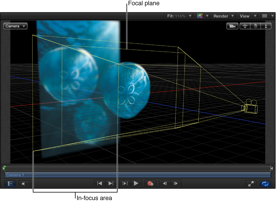Canvas showing camera with Depth of Field range visible