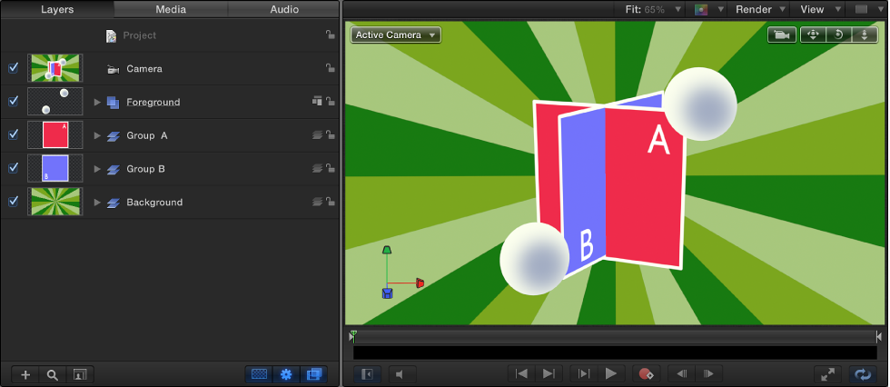 Layers list and Canvas showing layer arrangement containing both 2D and 3D groups