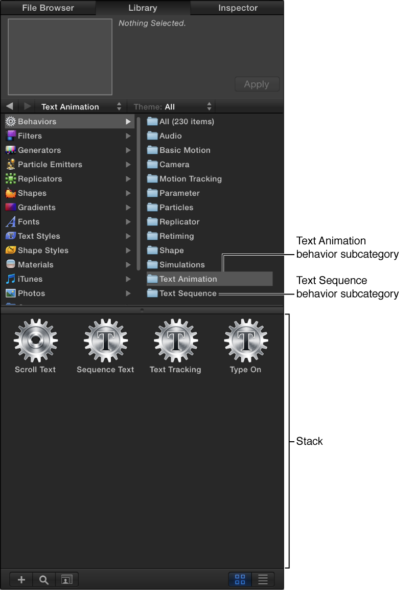 Library showing Text Animation behavior subcategory