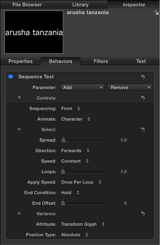 Inspector showing Sequence Text behavior settings
