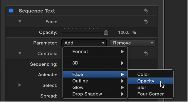 Inspector showing Add Parameter pop-up menu