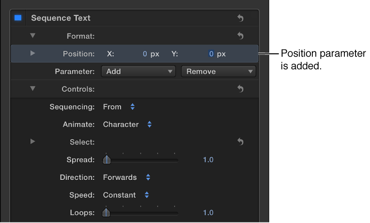 Inspector showing Position control added to Sequence Text parameters
