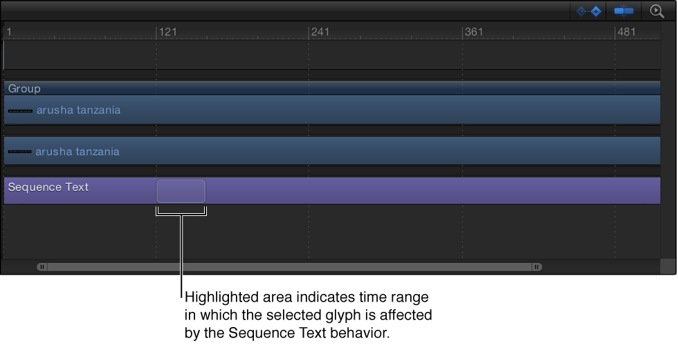 Timeline showing Sequence Text behavior bar with highlighted area indicating the animation location of the selected glyph