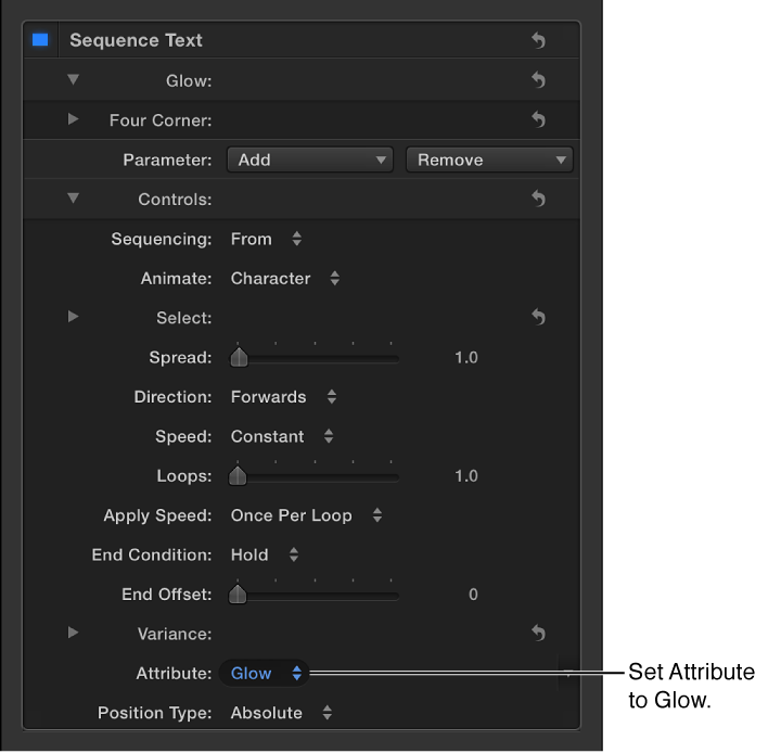 Inspector showing Attribute pop-up menu in Sequence Text behavior