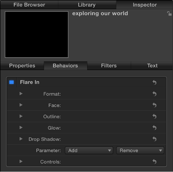 Inspector showing settings for Flare In behavior