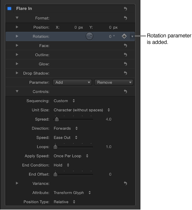Inspector showing expanded settings for Flare In behavior