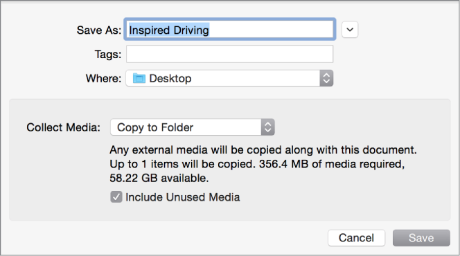 Save As dialog showing Collect Media pop-up menu options