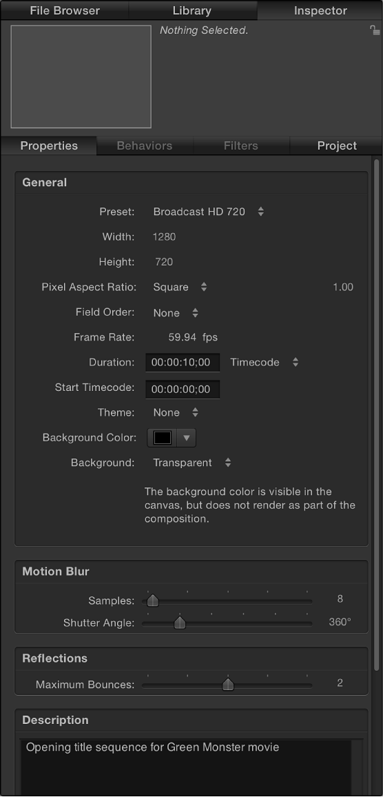 Inspector showing Project Properties pane
