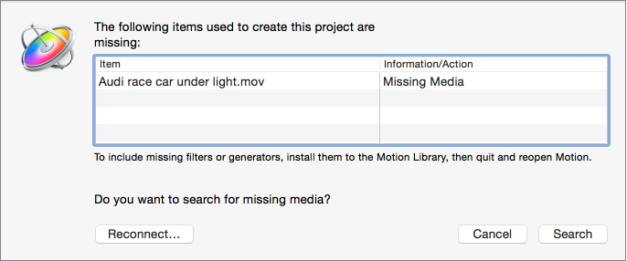 Dialog showing list of files with missing media