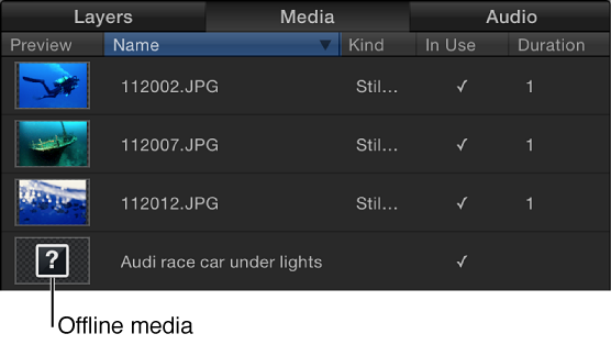 Media list showing offline media