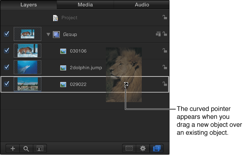 Layers list showing curved pointer used to exchange a layer