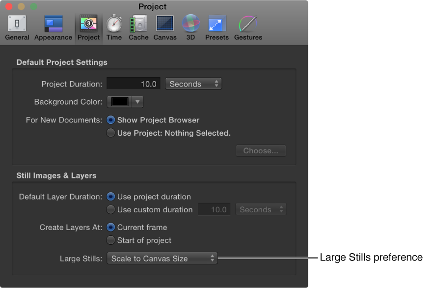 Preferences window showing Project pane with Large Stills pop-up menu set to Scale to Canvas Size