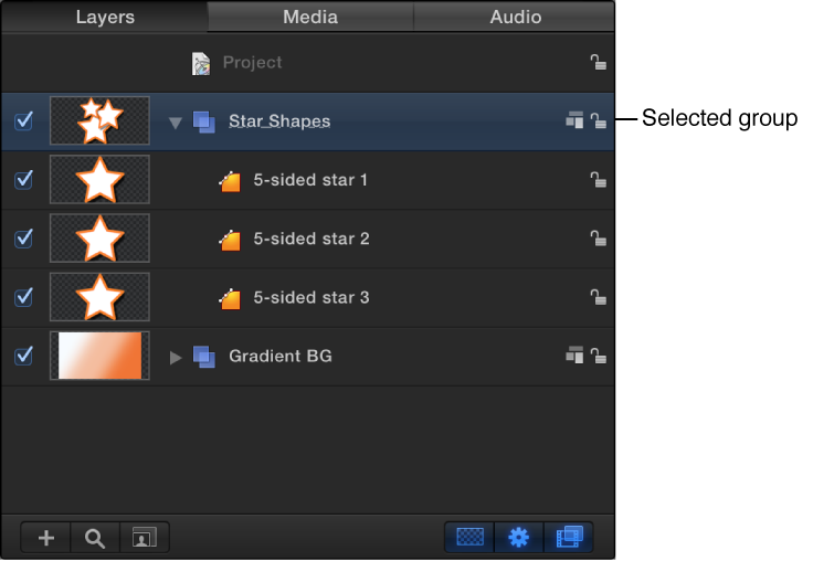 Layers list showing a selected group