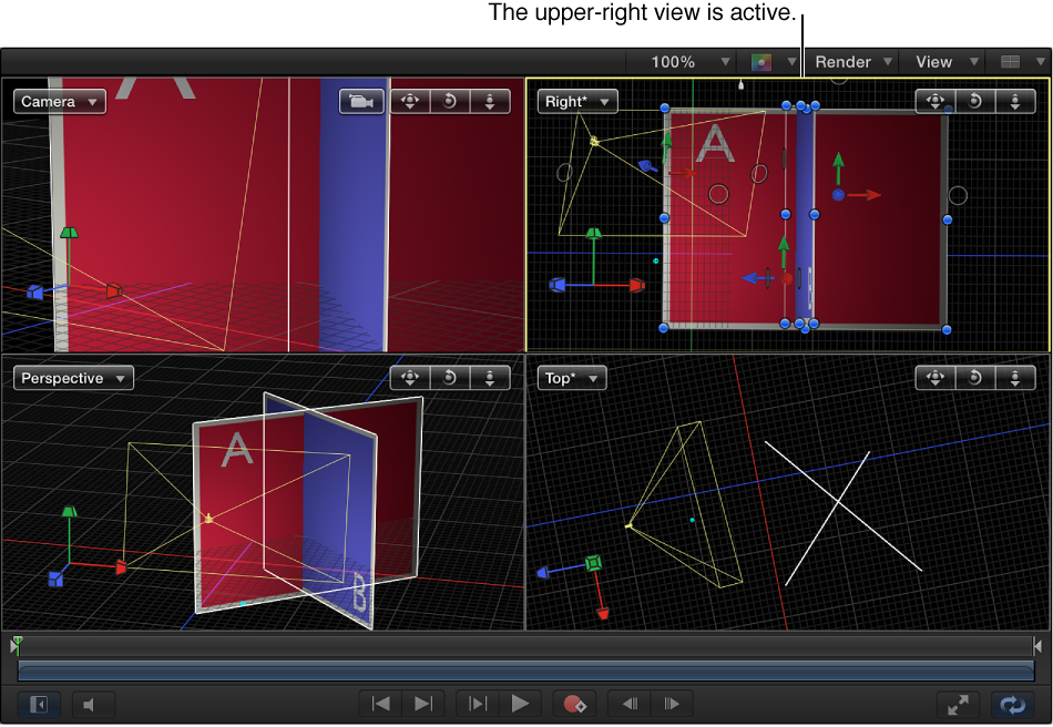 Canvas showing four-up view with upper-right view active