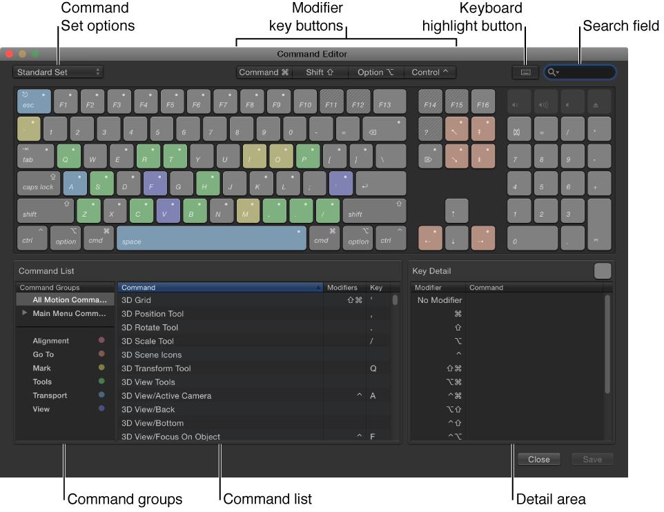 Command Editor showing Command Set options, modifier key buttons, keyboard highlight button, search field, Command groups, Command List, and Key Detail area
