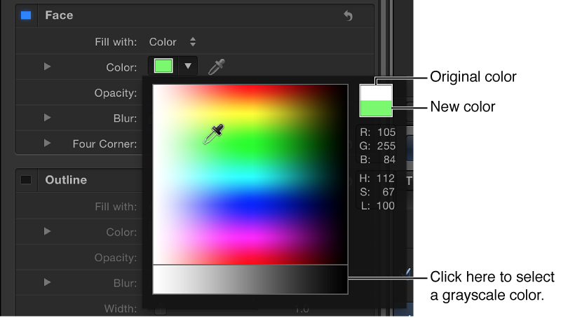 Pop-up color palette showing original and new color swatches and grayscale color selection area