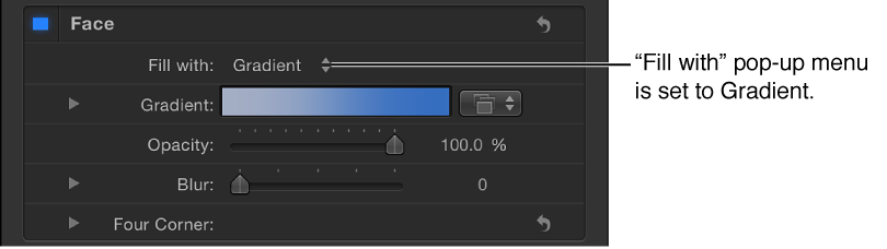 Text Inspector showing "Fill with" pop-up menu set to Gradient