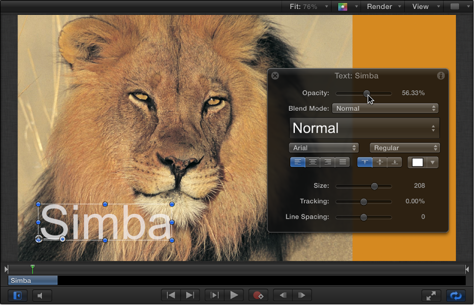 Canvas and HUD showing text object's opacity at 56%