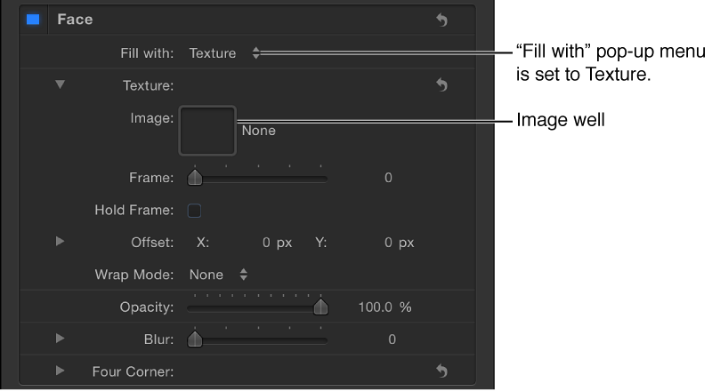 Text Inspector with Text Face "Fill with" parameter set to Texture, revealing image well