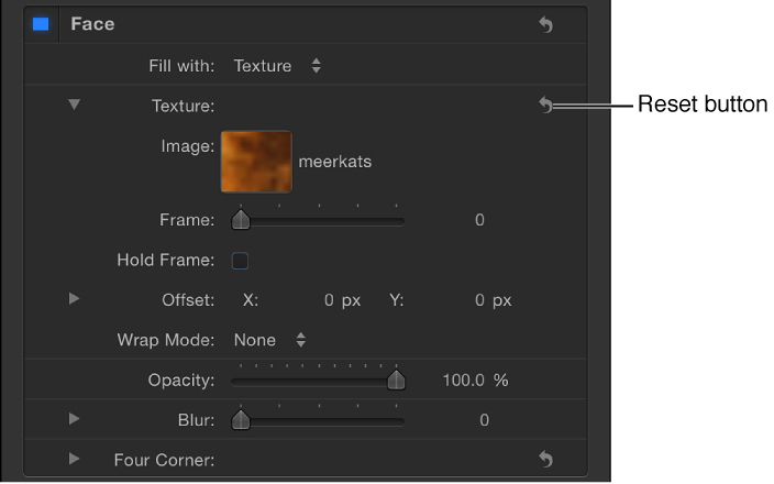 Text Inspector showing reset button for Texture parameter