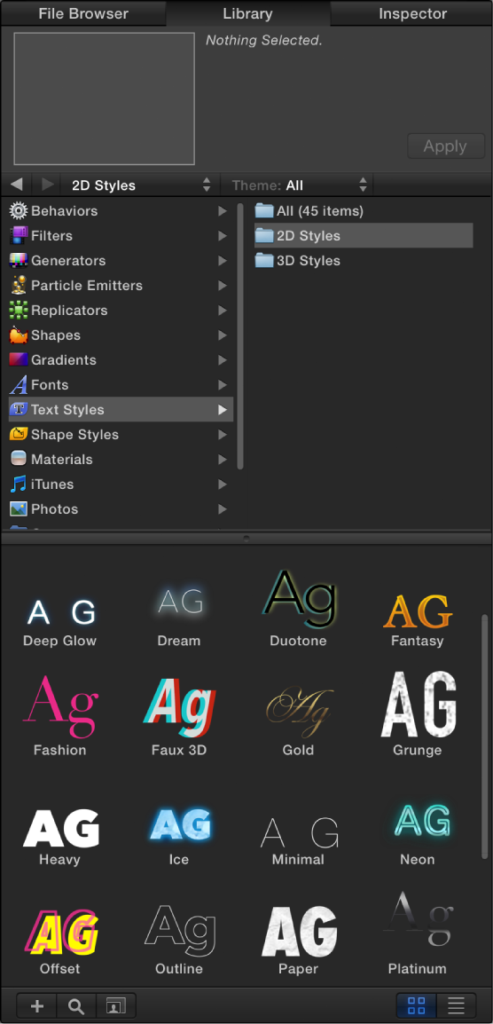 Library showing selected 2D Text Styles folder