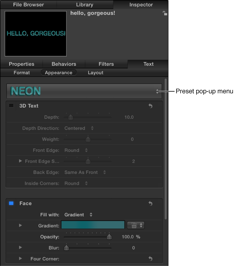 Style Preset pop-up menu in Appearance pane of Text Inspector