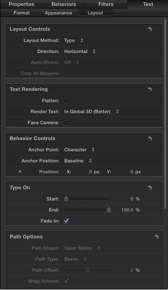 Layout pane of Text Inspector