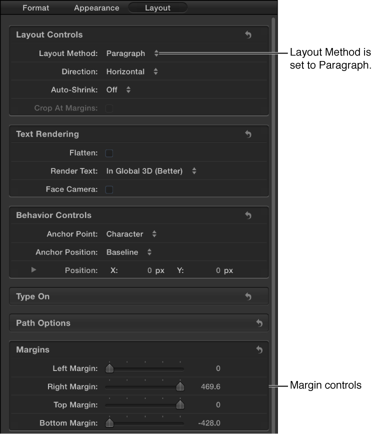 Layout Method pop-up menu set to Paragraph and active Margin controls, in Layout pane of Text Inspector