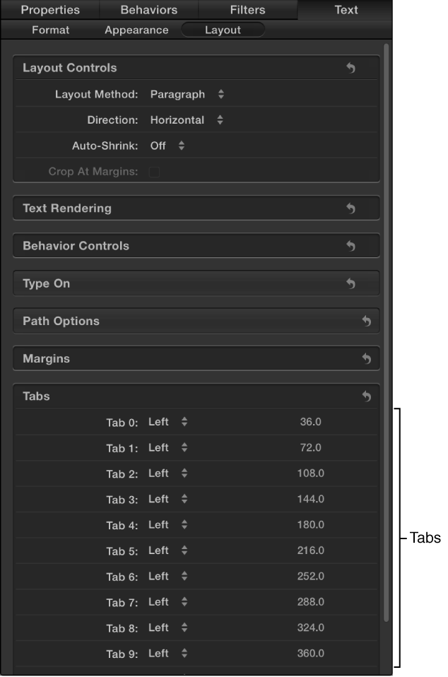 Text Inspector options for an imported RTF file with tabs