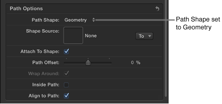 Path Shape pop-up menu set to Geometry in Layout pane of Text Inspector