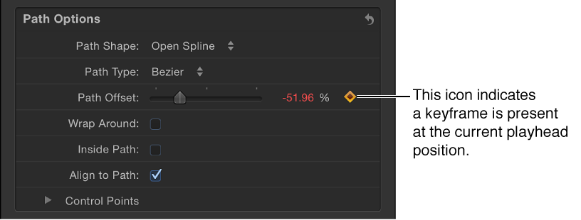 Text Inspector showing keyframe icon in Animation menu of Path Offset parameter