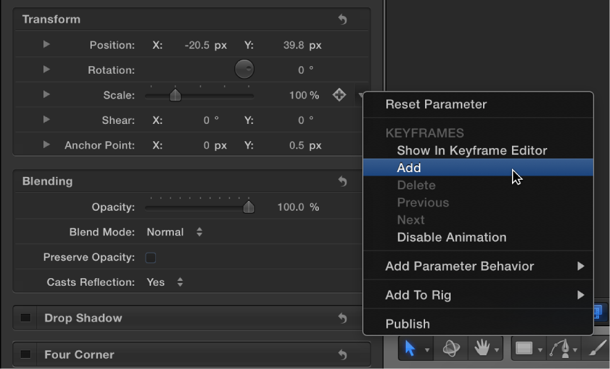 Add Keyframe shortcut menu in Inspector