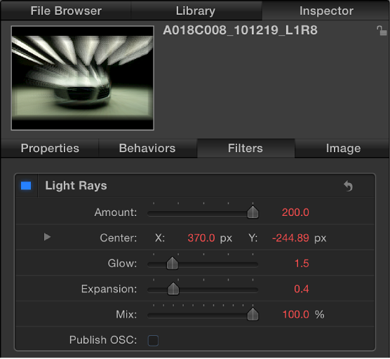 Filters Inspector showing settings at starting point