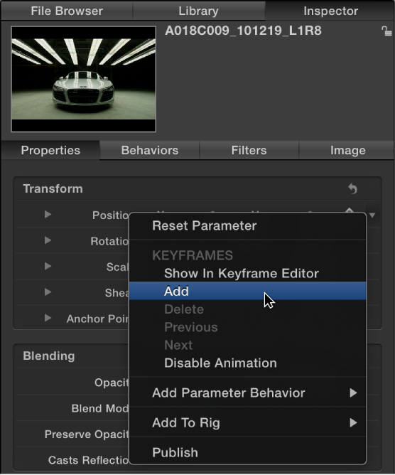 Inspector showing Animation menu for an image parameter