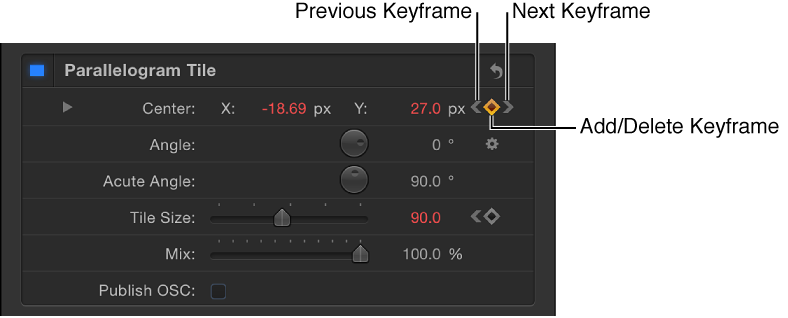 Inspector showing Previous Keyframe, Add/Delete Keyframe, and Next Keyframe controls