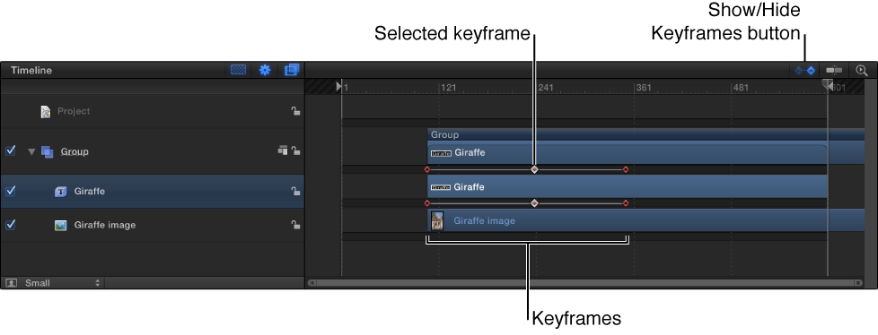 Timeline showing keyframes