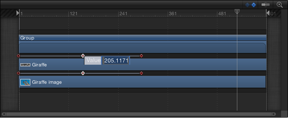 Timeline showing keyframe value field