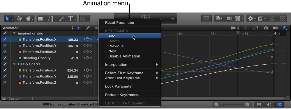 Keyframe Editor parameter list showing the Animation menu