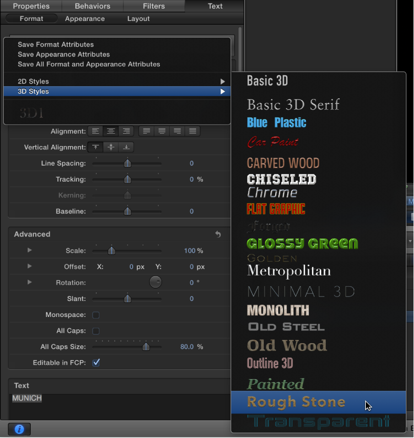 Figure. Inspector showing 3D Text Sytles pop-up menu.