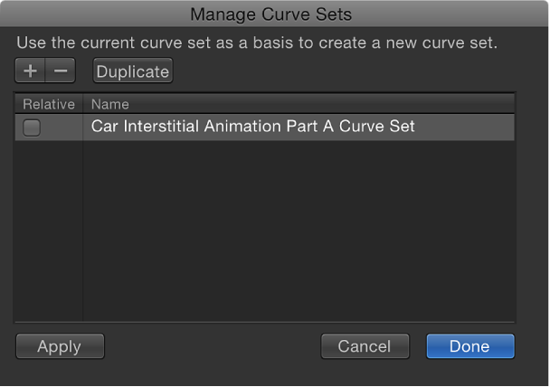 Manage Curve Sets dialog