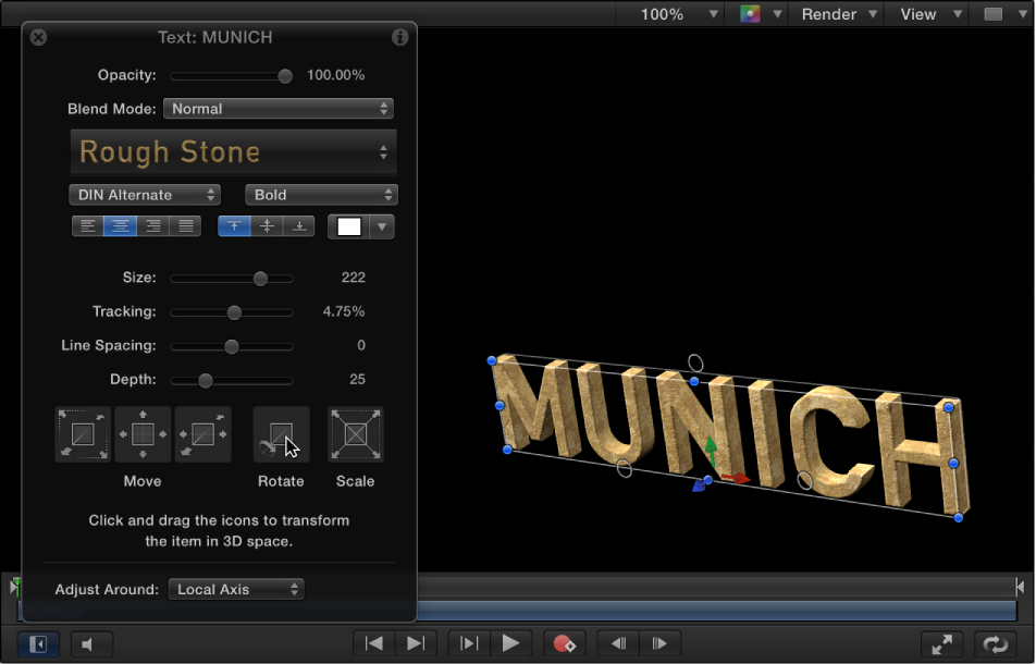 Figure. 3D HUD being adjusted to change 3D text rotation.