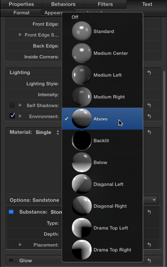 Figure. Inspector showing 3D text Lighting Style pop-up menu.